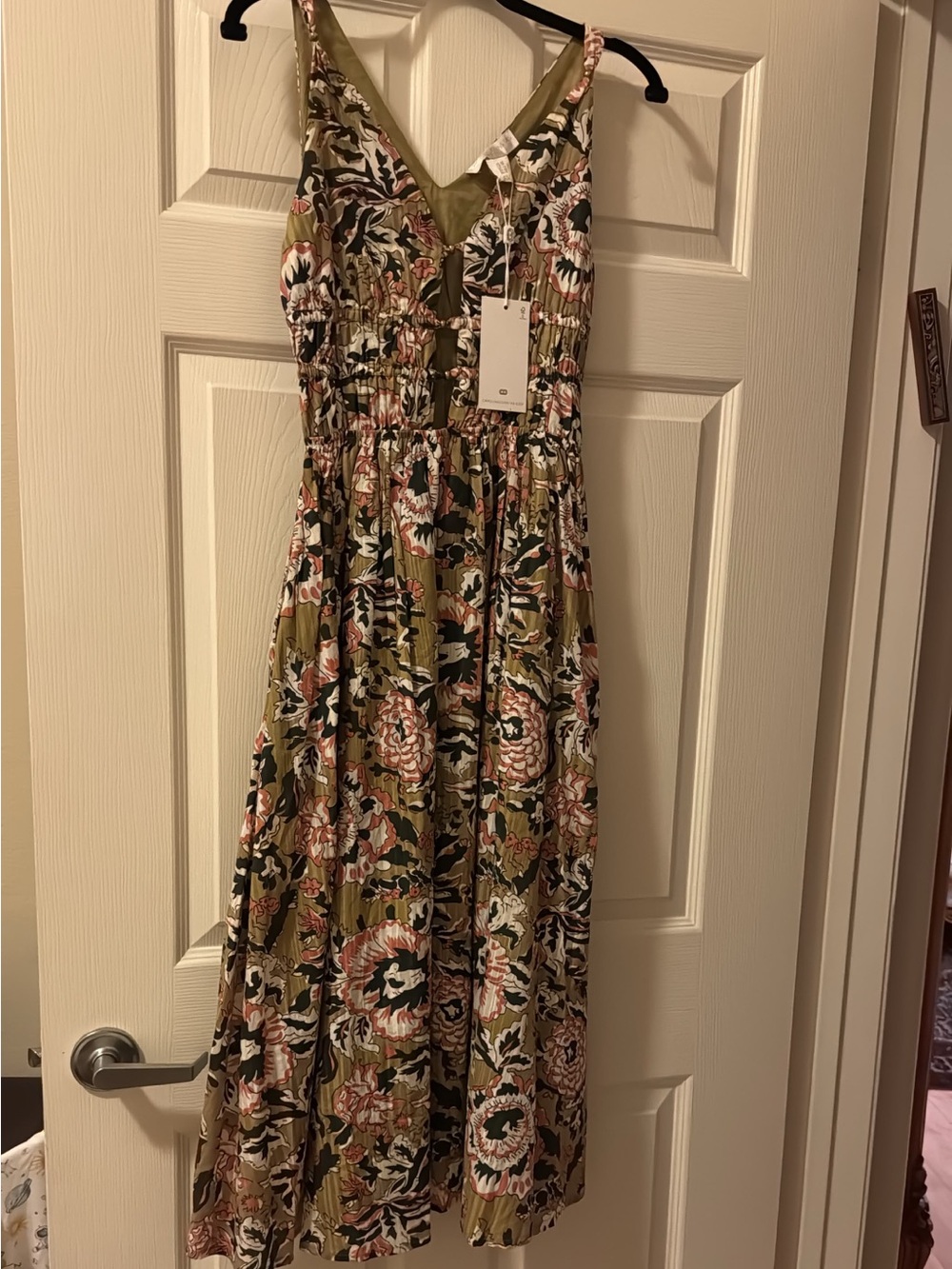 Caroline Constas Floral Smocked Maxi Dress Olive Green XS NWT
